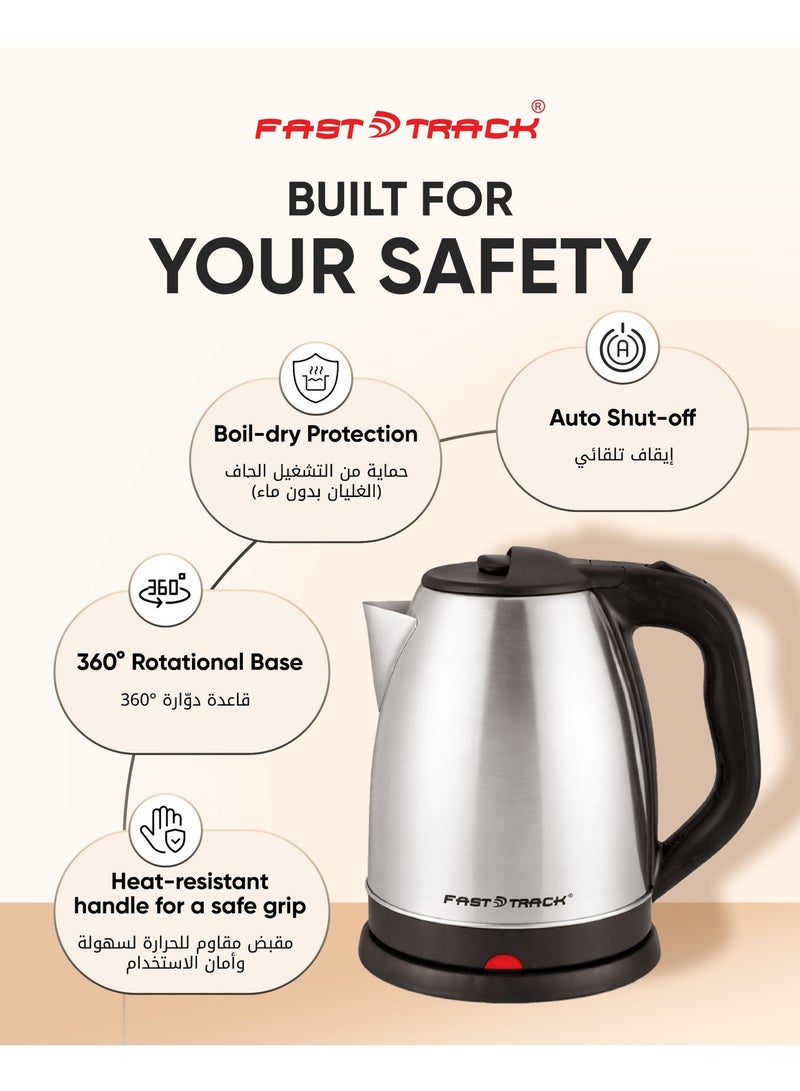 Fast Track 1.8L Stainless Steel Electric Kettle 1500W – EK-555 | 360° Base | Auto Safety Shut-Off | Dry Boil Protection | Fast Boiling Water & Tea | Silver/Black - Image 4